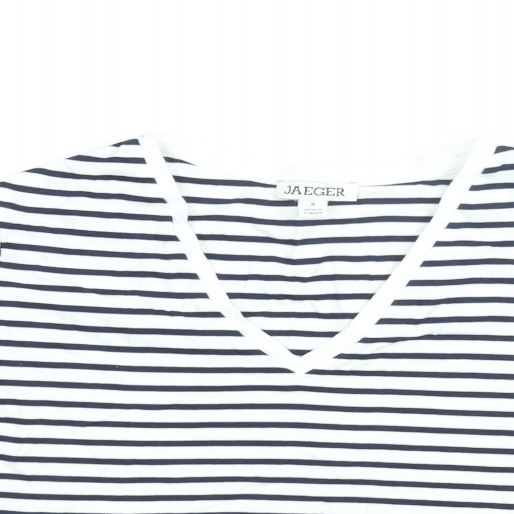 Jaeger Womens White Striped Cotton Basic T-Shirt Size 8 V-Neck