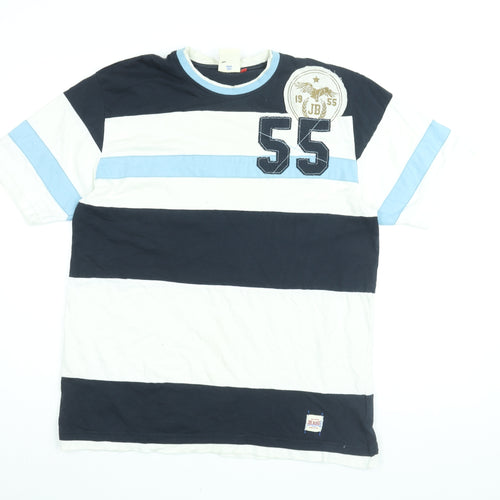 Joe Bloggs Mens White Striped Cotton T-Shirt Size L Round Neck - Joe Bloggs Logo