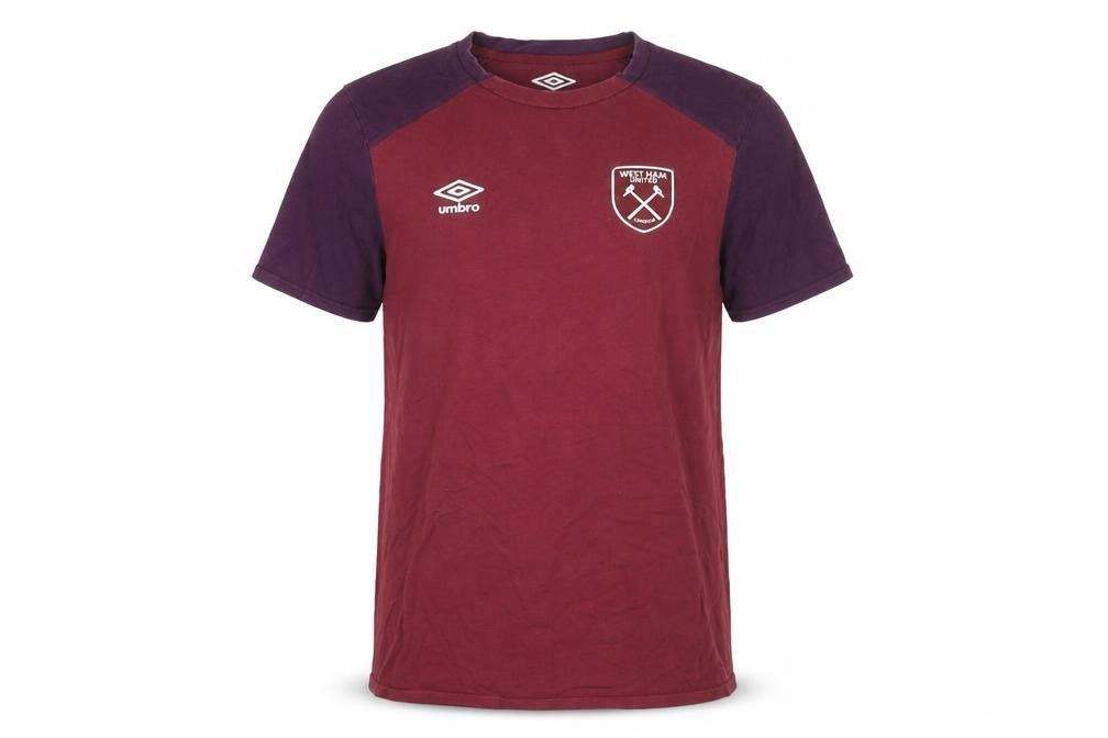 Front view of Umbro boys’ red cotton basic t-shirt, size 13, years round neck pullover - west ham united