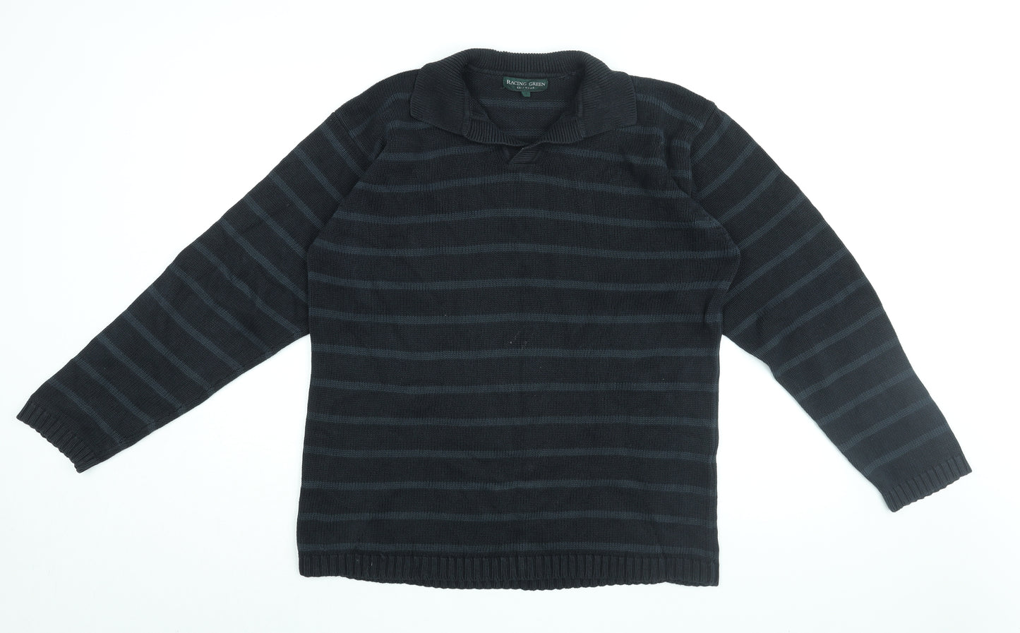 Racing Green Mens Black Collared Striped Cotton Pullover Jumper Size S Long Sleeve