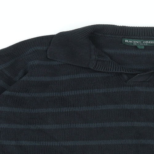 Racing Green Mens Black Collared Striped Cotton Pullover Jumper Size S Long Sleeve