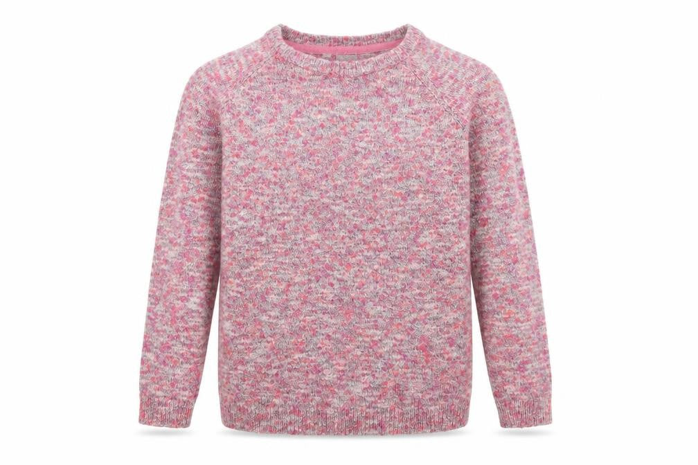 Front view of Bonprix women’s pink round neck acrylic jumper, size M