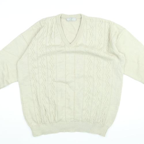 Roberto Mens Beige V-Neck Acrylic Pullover Jumper Size XL Long Sleeve