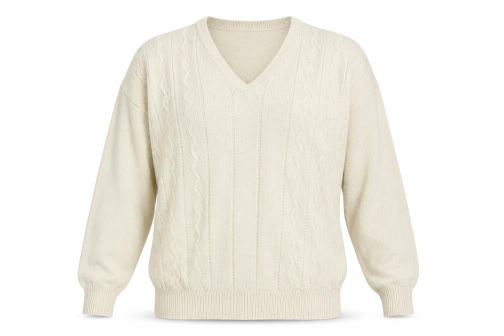 Front view of Roberto men’s beige v-neck acrylic jumper, size XL, long sleeve
