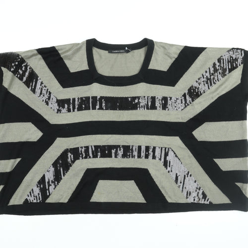 LAUREN VIDAL Womens Black Striped Wool Basic T-Shirt Size M Round Neck - Sequin Detail