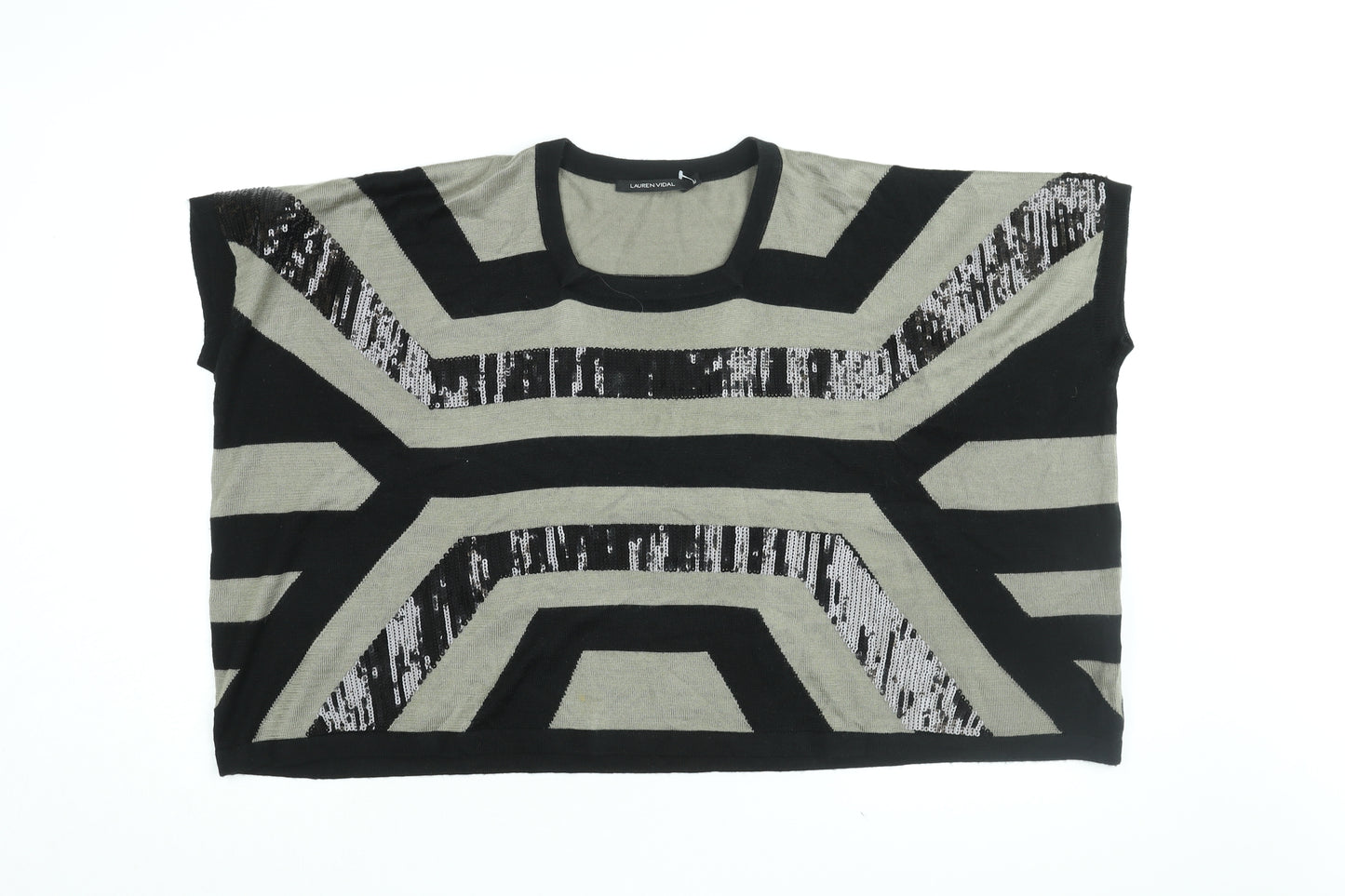 LAUREN VIDAL Womens Black Striped Wool Basic T-Shirt Size M Round Neck - Sequin Detail