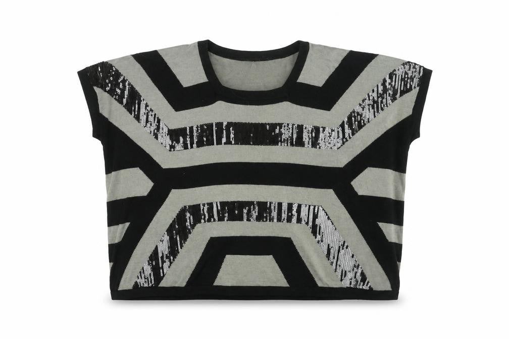 Front view of LAUREN VIDAL women’s black striped wool basic t-shirt, size M, round neck - sequin detail