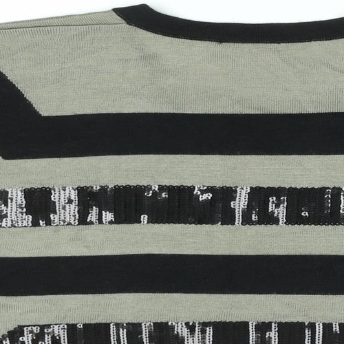 LAUREN VIDAL Womens Black Striped Wool Basic T-Shirt Size M Round Neck - Sequin Detail