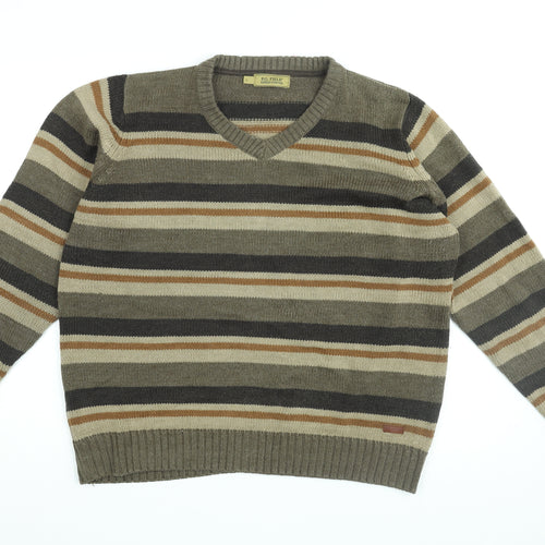P.G Field Mens Brown V-Neck Striped Acrylic Pullover Jumper Size L Long Sleeve