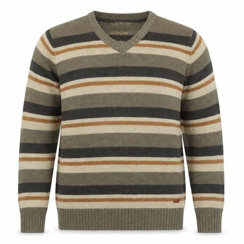 P.G Field Mens Brown V-Neck Striped Acrylic Pullover Jumper Size L Long Sleeve
