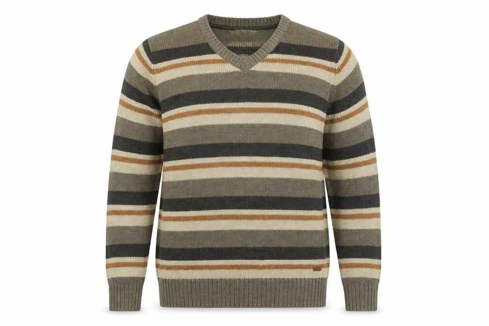 P.G Field Mens Brown V-Neck Striped Acrylic Pullover Jumper Size L Long Sleeve