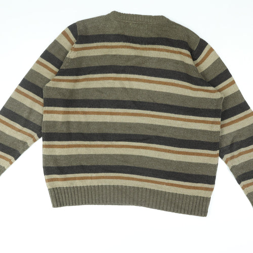 P.G Field Mens Brown V-Neck Striped Acrylic Pullover Jumper Size L Long Sleeve
