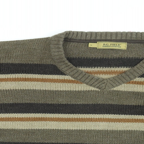 P.G Field Mens Brown V-Neck Striped Acrylic Pullover Jumper Size L Long Sleeve