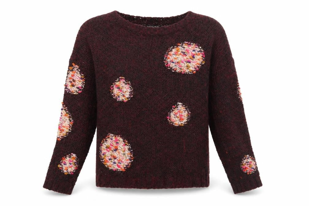 Front view of Grain de Malice women’s red round neck geometric polyamide jumper, size XL