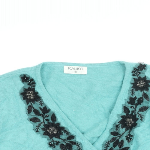 Kaliko Womens Blue Floral Angora Wrap T-Shirt Size 16 V-Neck