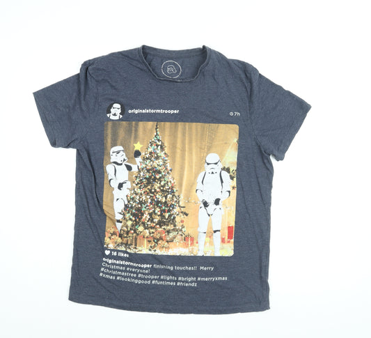 Front view of Star Wars men’s blue cotton t-shirt, size M, round neck - storm trooper instagram post, christmas