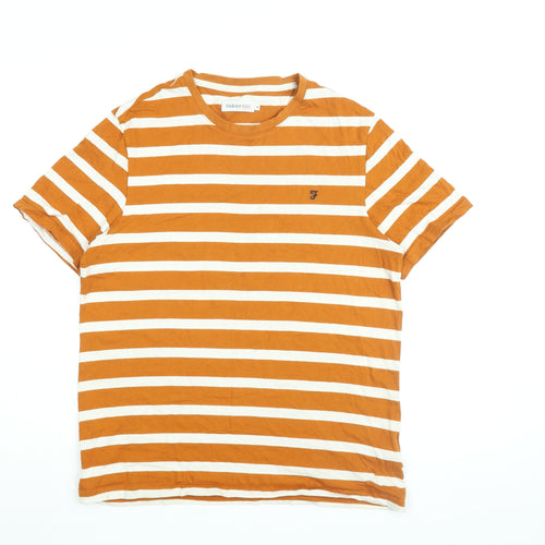 Farah Mens Orange Striped Cotton T-Shirt Size M Round Neck