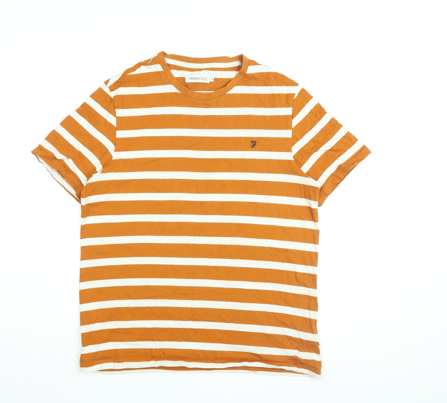 Farah Mens Orange Striped Cotton T-Shirt Size M Round Neck