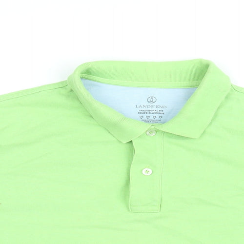 Lands' End Mens Green Cotton Polo Size M Collared Button