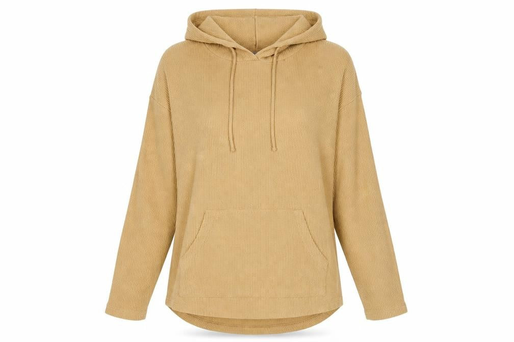 Front view of Michelle Keegan women’s beige cotton pullover hoodie, size UK 12, pullover
