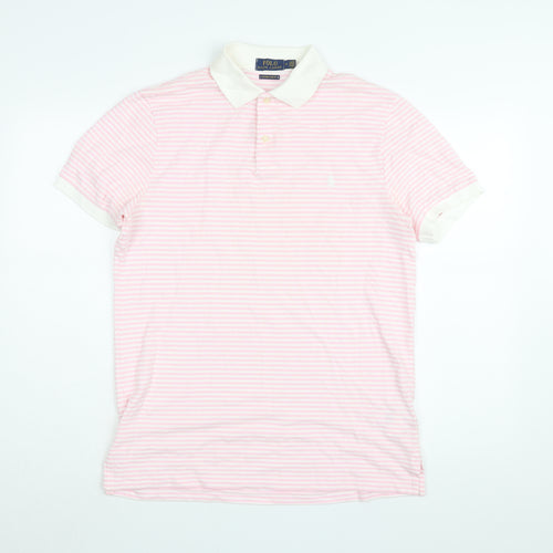 Ralph Lauren Mens Pink Striped Cotton Polo Size M Collared Button