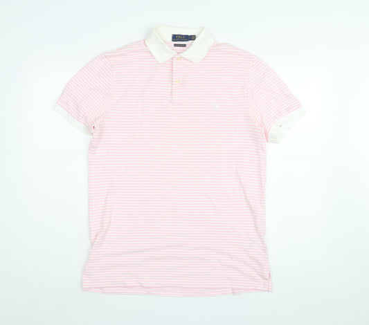 Ralph Lauren Mens Pink Striped Cotton Polo Size M Collared Button