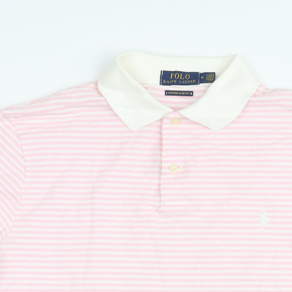 Ralph Lauren Mens Pink Striped Cotton Polo Size M Collared Button