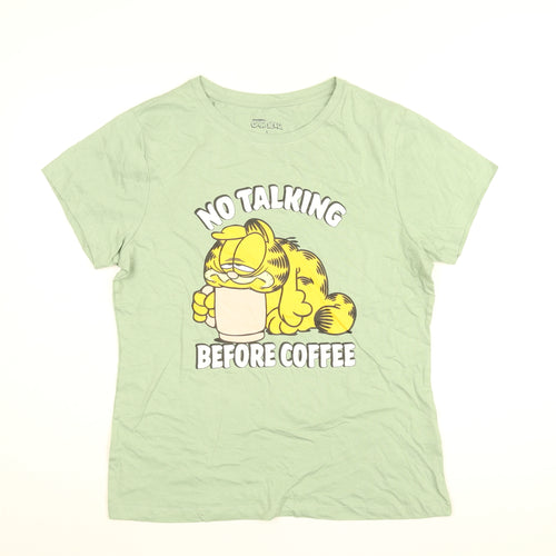 Garfield Womens Green Cotton Basic T-Shirt Size S Round Neck - No Talking Before Coffee