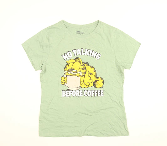 Garfield Womens Green Cotton Basic T-Shirt Size S Round Neck - No Talking Before Coffee