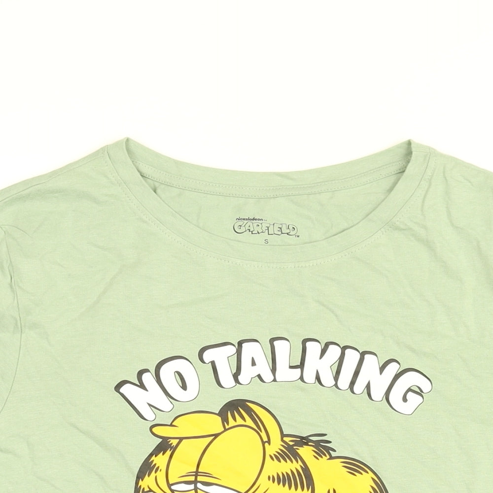 Garfield Womens Green Cotton Basic T-Shirt Size S Round Neck - No Talking Before Coffee