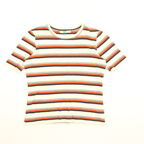 Oasis Womens White Striped Cotton Basic T-Shirt Size S Round Neck