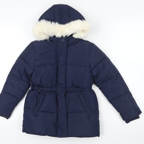 Marks and Spencer Blue Puffer Jacket with Fur Trim 7-8Y