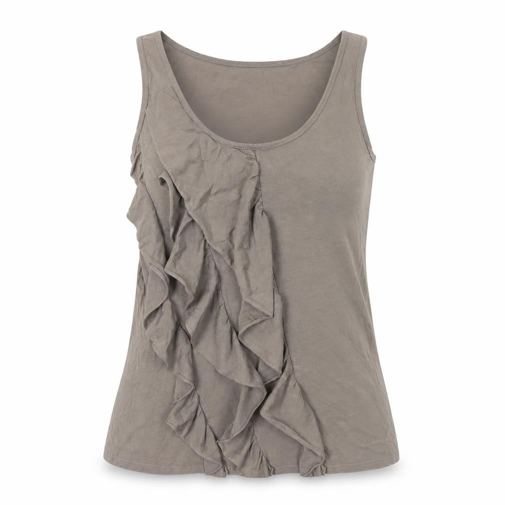 Soaked in Luxury Beige Tank, M, Ruffle Accent, Scoop Neck