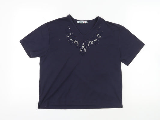 Poppy Blue V-Neck Embroidered T-Shirt, Size 16