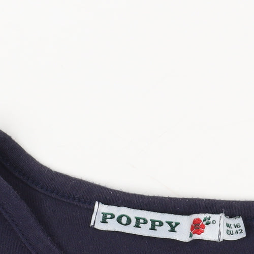 Poppy Blue V-Neck Embroidered T-Shirt, Size 16