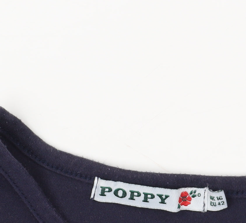 Poppy Blue V-Neck Embroidered T-Shirt, Size 16
