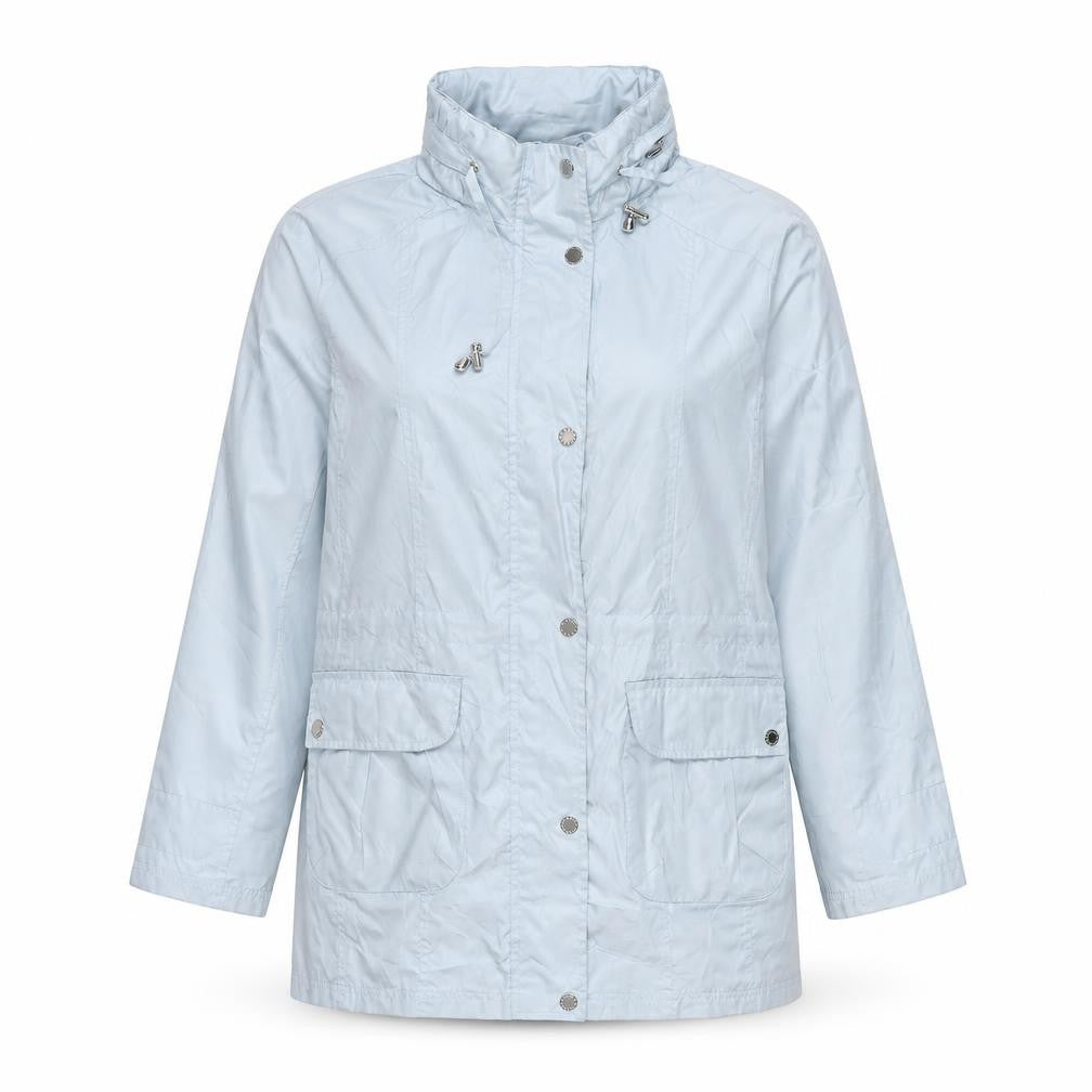 Front view of Finesse women’s blue rain coat jacket, size UK 14, zip