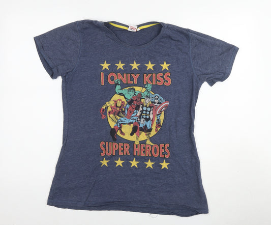 Marvel Comics Womens Blue Cotton Basic T-Shirt Size 18 Round Neck - I only kiss super heroes