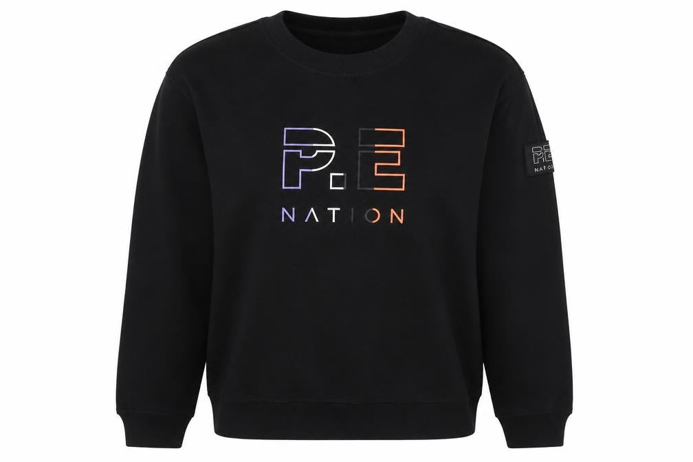 Front view of P.E Nation women’s black cotton pullover sweatshirt, size L, pullover - logo
