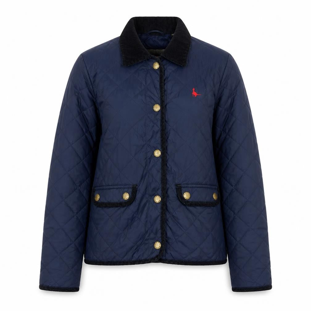 Front view of Jack Wills women’s blue quilted jacket, size UK 10, snap