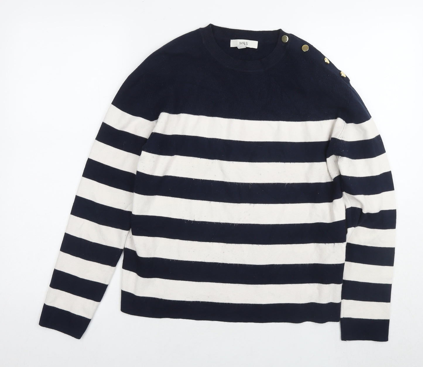 Marks and Spencer Womens Blue Round Neck Striped Viscose Pullover Jumper Size M