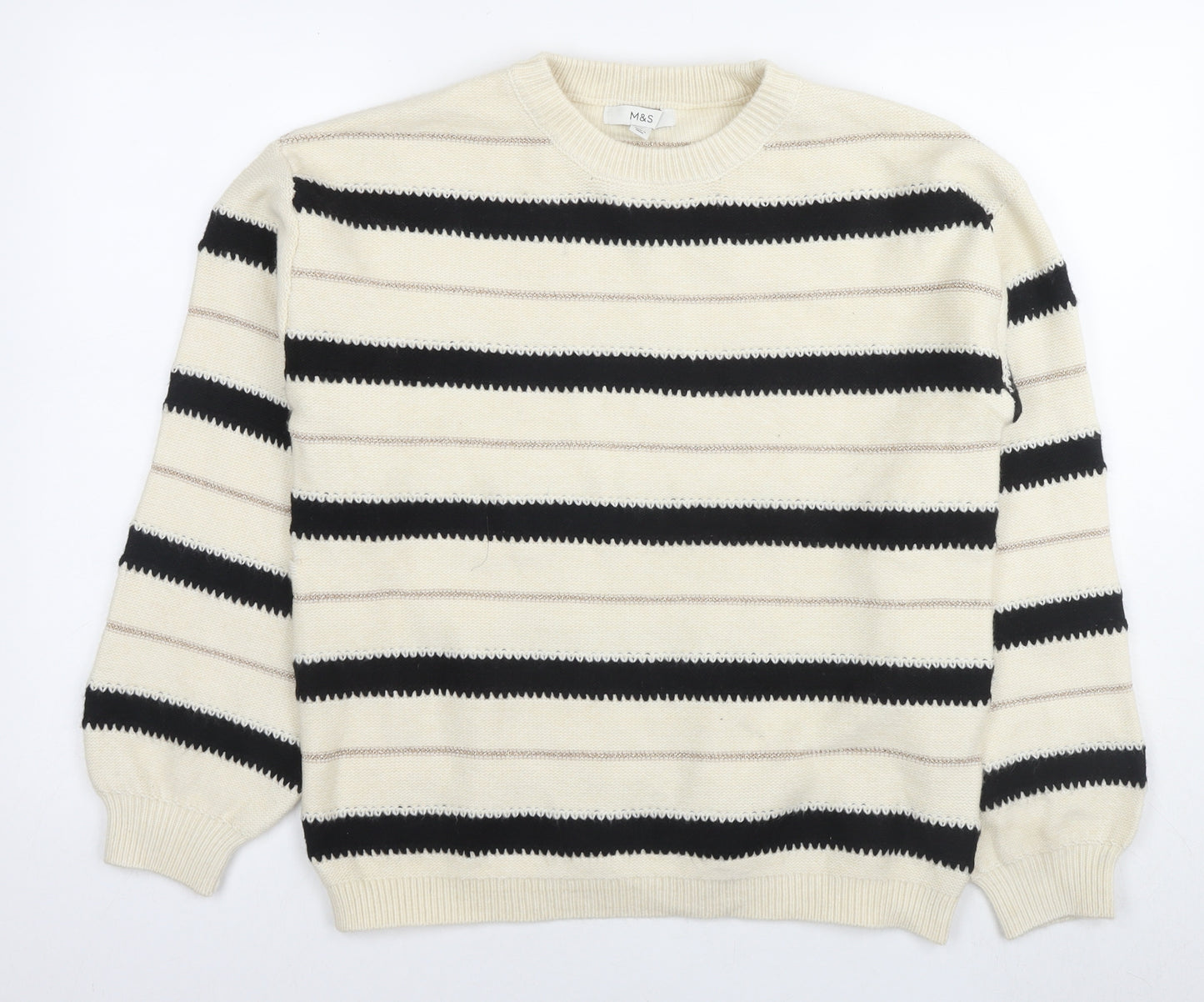 Marks and Spencer Womens White Round Neck Striped Polyester Pullover Jumper Size M