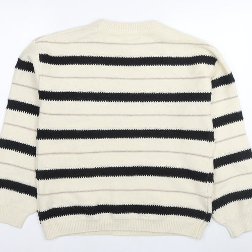 Marks and Spencer Womens White Round Neck Striped Polyester Pullover Jumper Size M