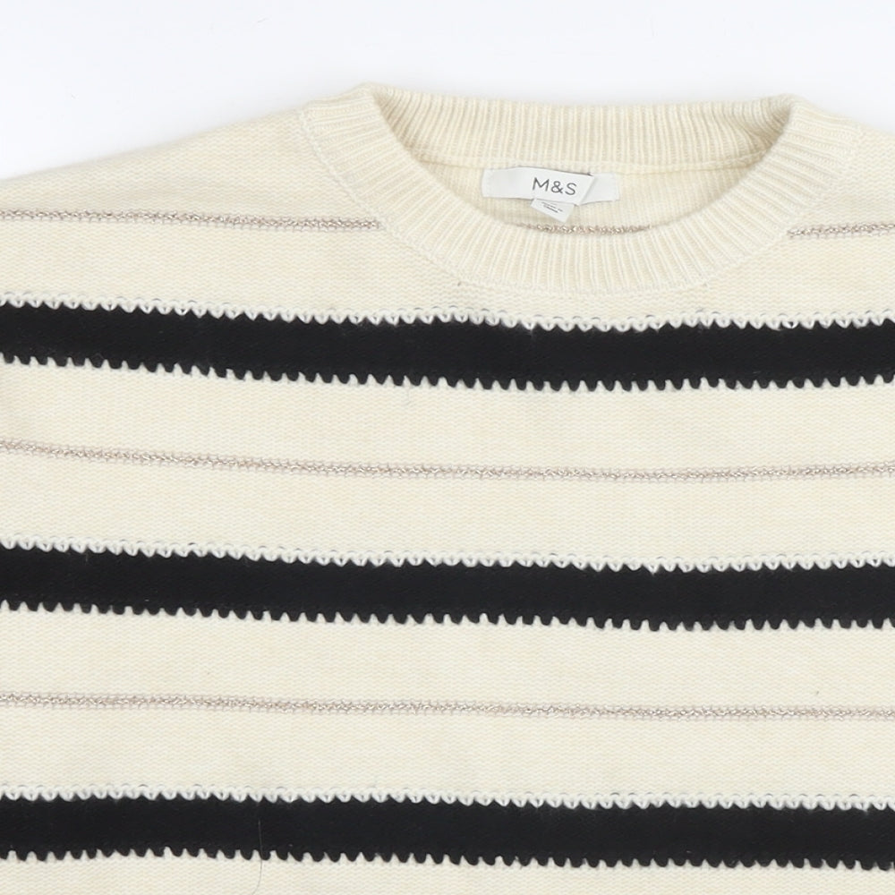 Marks and Spencer Womens White Round Neck Striped Polyester Pullover Jumper Size M