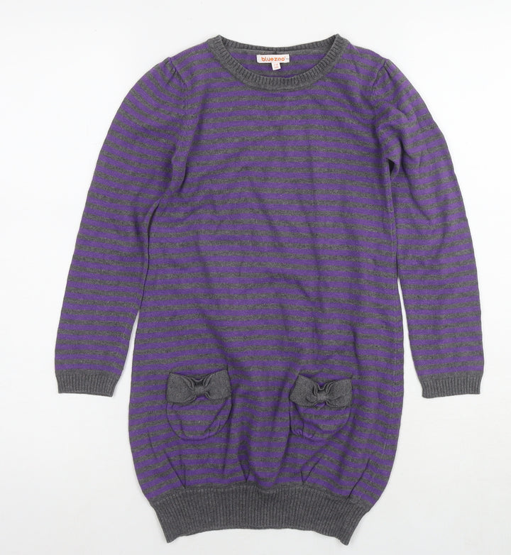 Blue Zoo Girls Purple Round Neck Striped Cotton Tunic Jumper Size 7-8 Years Pullover