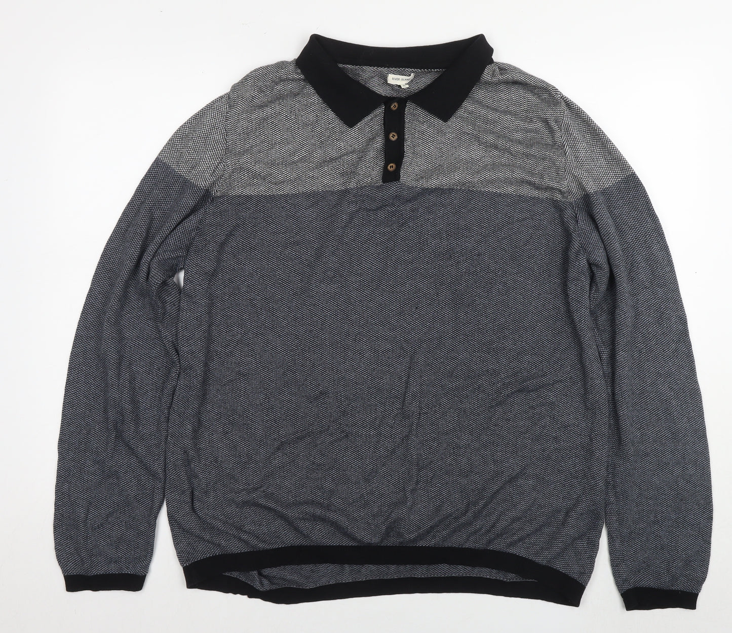 River Island Mens Blue Collared Cotton Pullover Jumper Size XL Long Sleeve