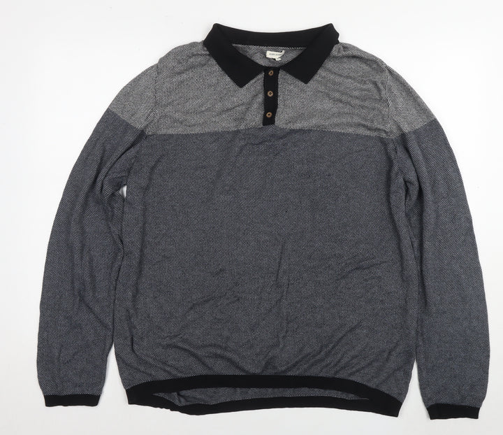 River Island Mens Blue Collared Cotton Pullover Jumper Size XL Long Sleeve