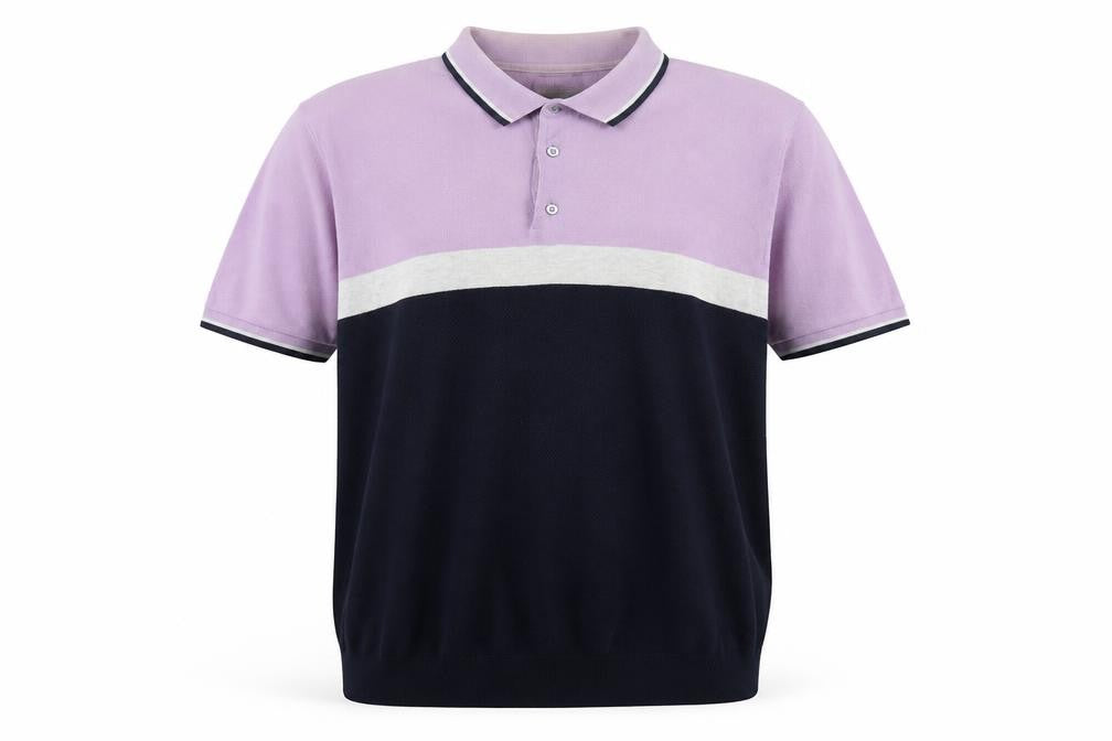 Front view of Next men’s purple colourblock cotton polo, size L, collared pullover