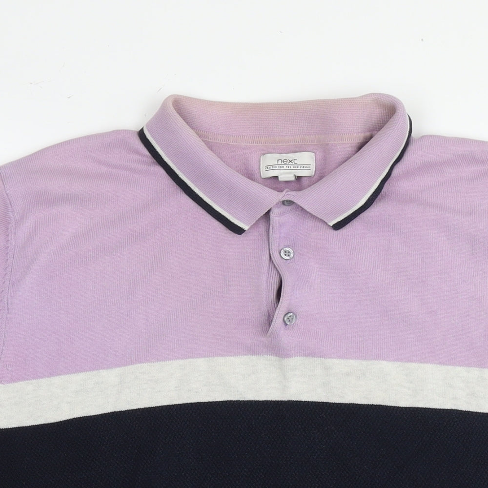 NEXT Mens Purple Colourblock Cotton Polo Size L Collared Pullover