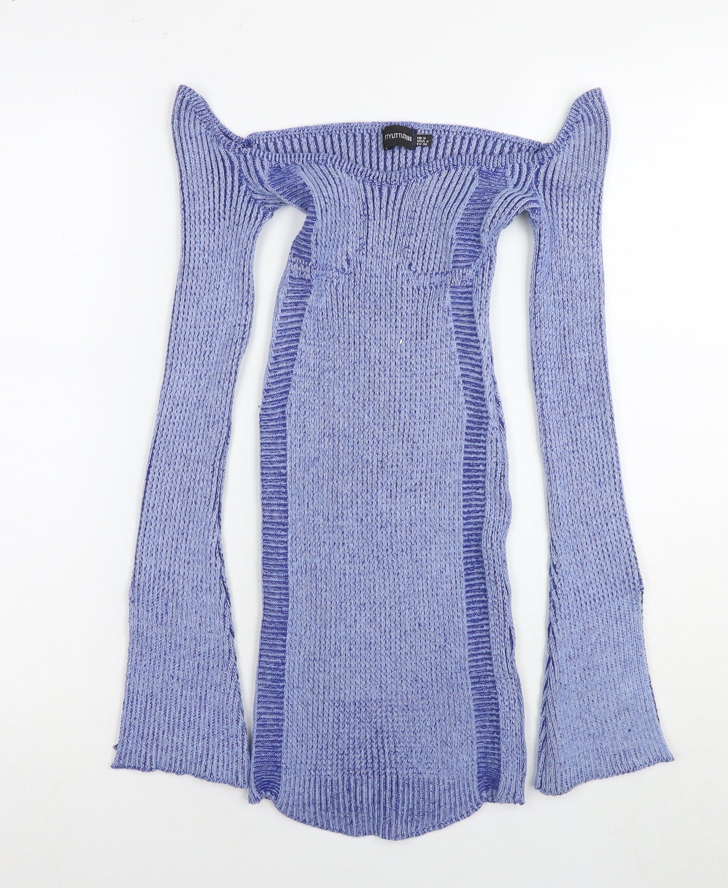 PRETTYLITTLETHING Womens Blue Viscose Jumper Dress Size 8 Off the Shoulder Pullover
